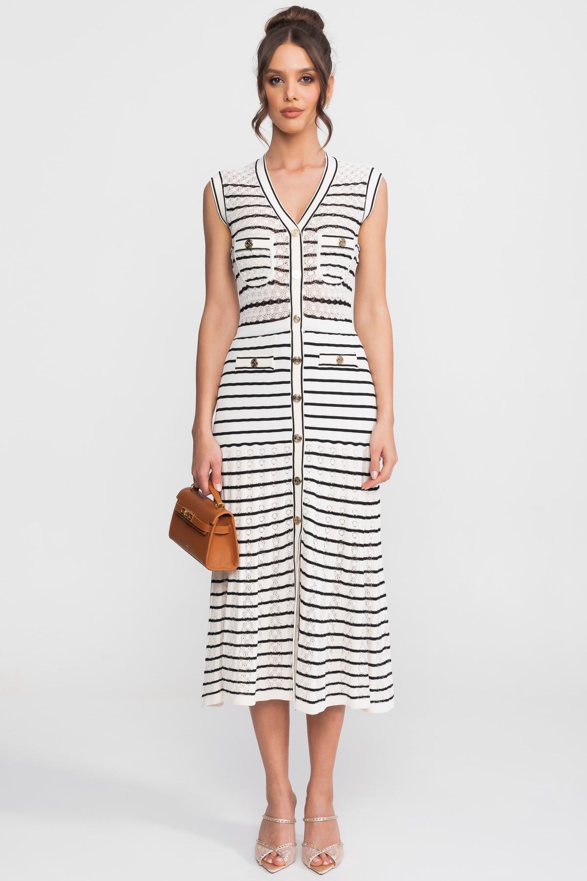 Striped Knit V-Neck Button-Through Midi Dress – White and Black – view 1