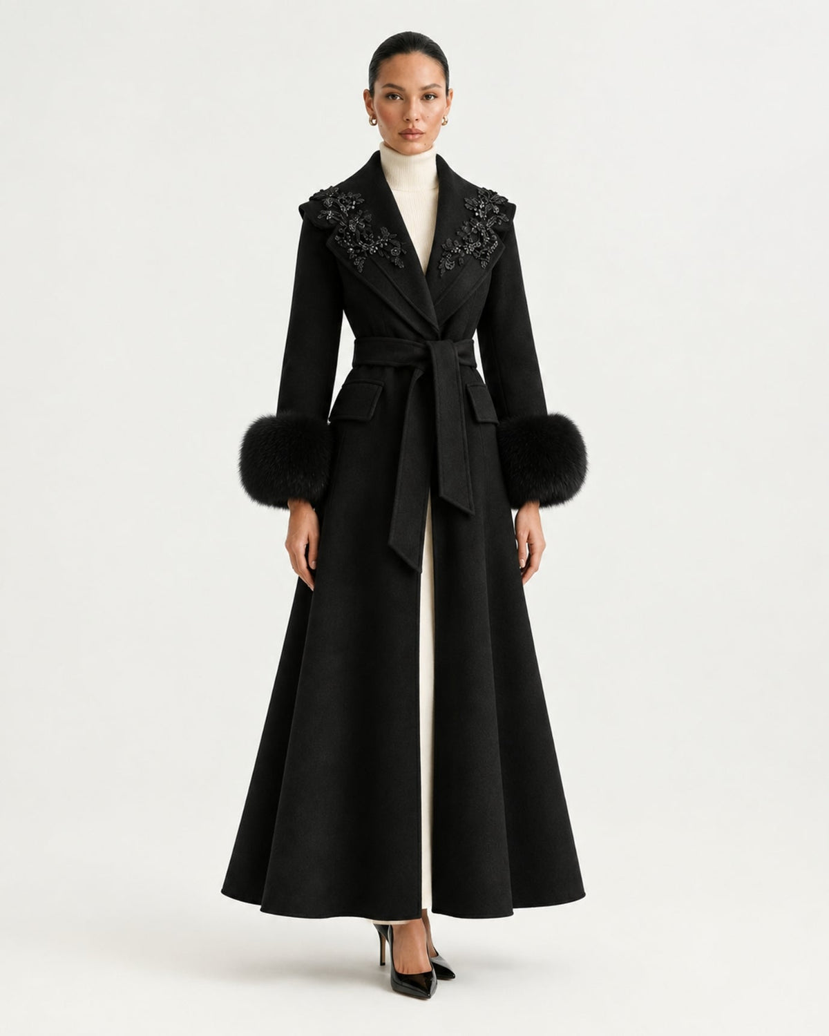 Hamptons Long Wool Cashmere Coat with Embellished Collar – view 19