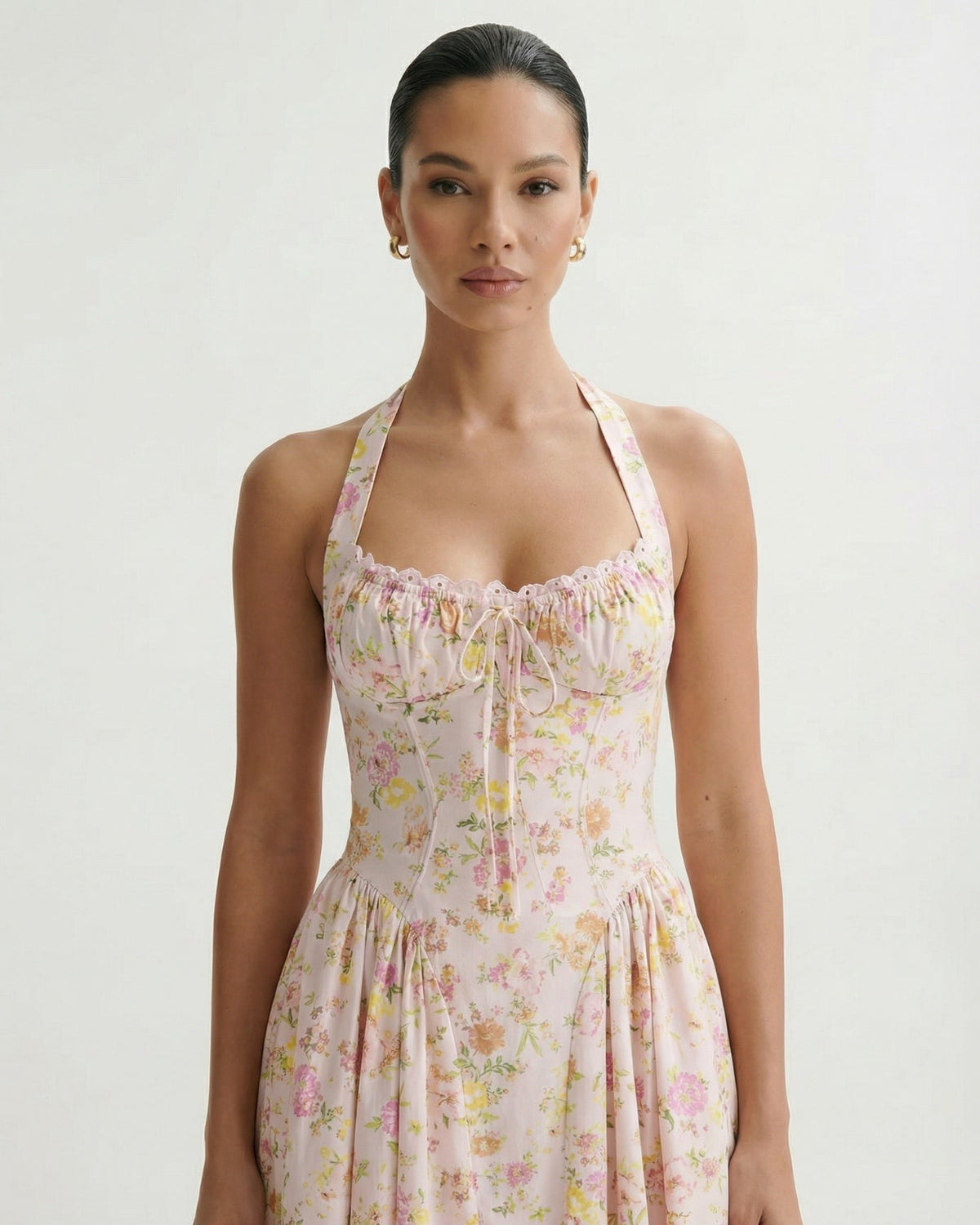 Santorini Halter Neck Contoured Stretch Dress – Pink Print – view 3