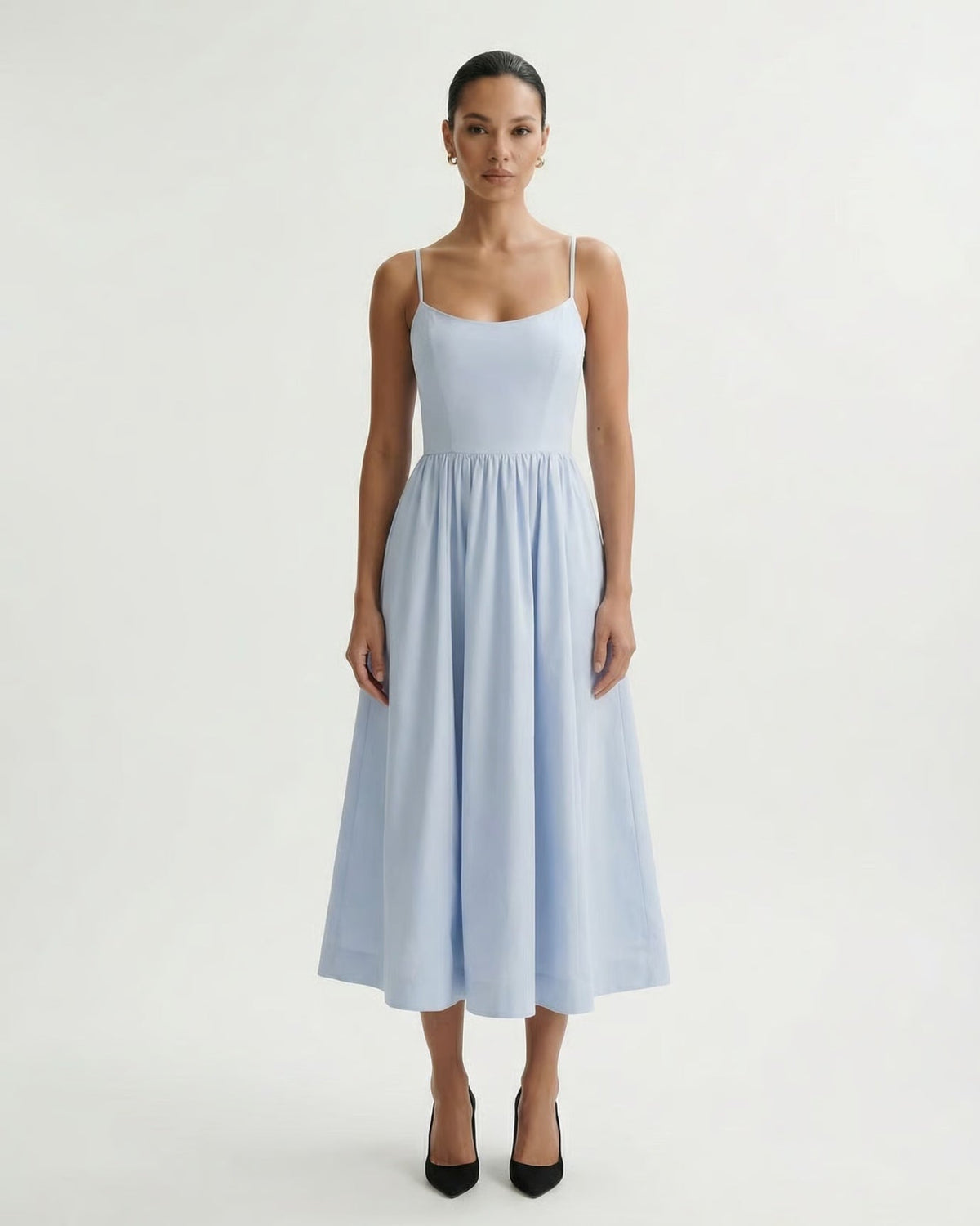 Mira Border Detail Cotton Blend Dress with Back Zip – Light Blue – view 2