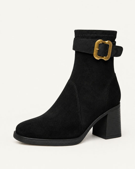 Square Toe Cowhide Suede Ankle Boots with 7cm Heel