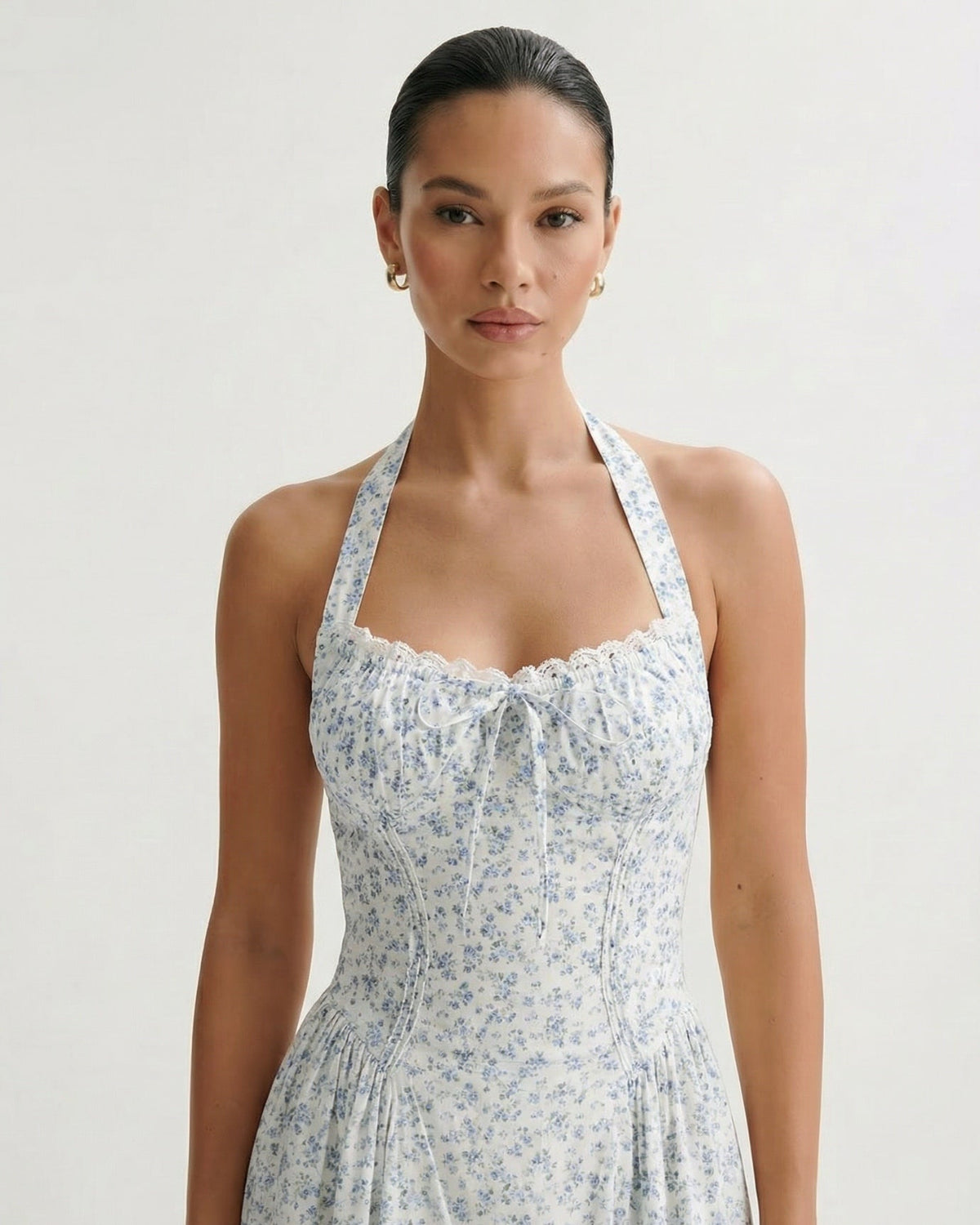 Santorini Halter Neck Contoured Stretch Dress – Small Blue Flowers on White – view 4