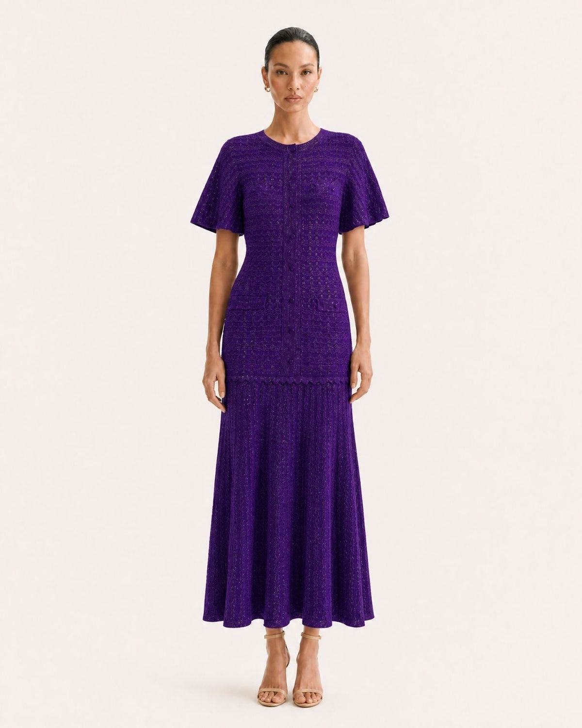 Anna Rhinestone Embellished Short Sleeve Round Neck Knit Midi Dress – view 43