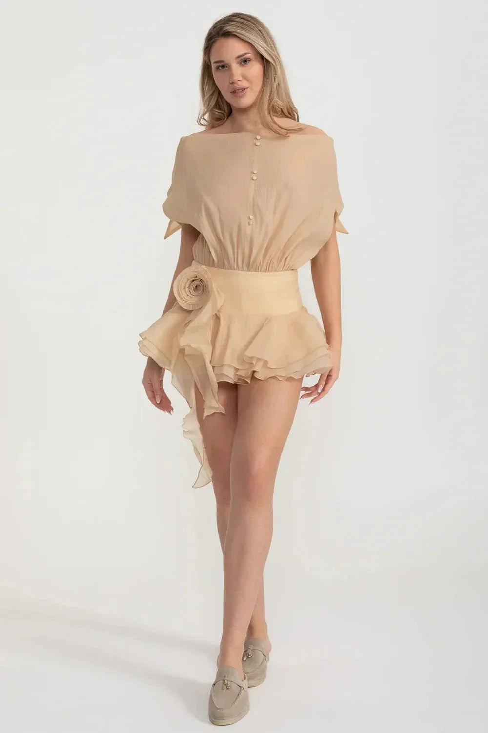 Strapless Draped Mini Dress with Peplum Hem and Rosette Waist – Beige – view 3