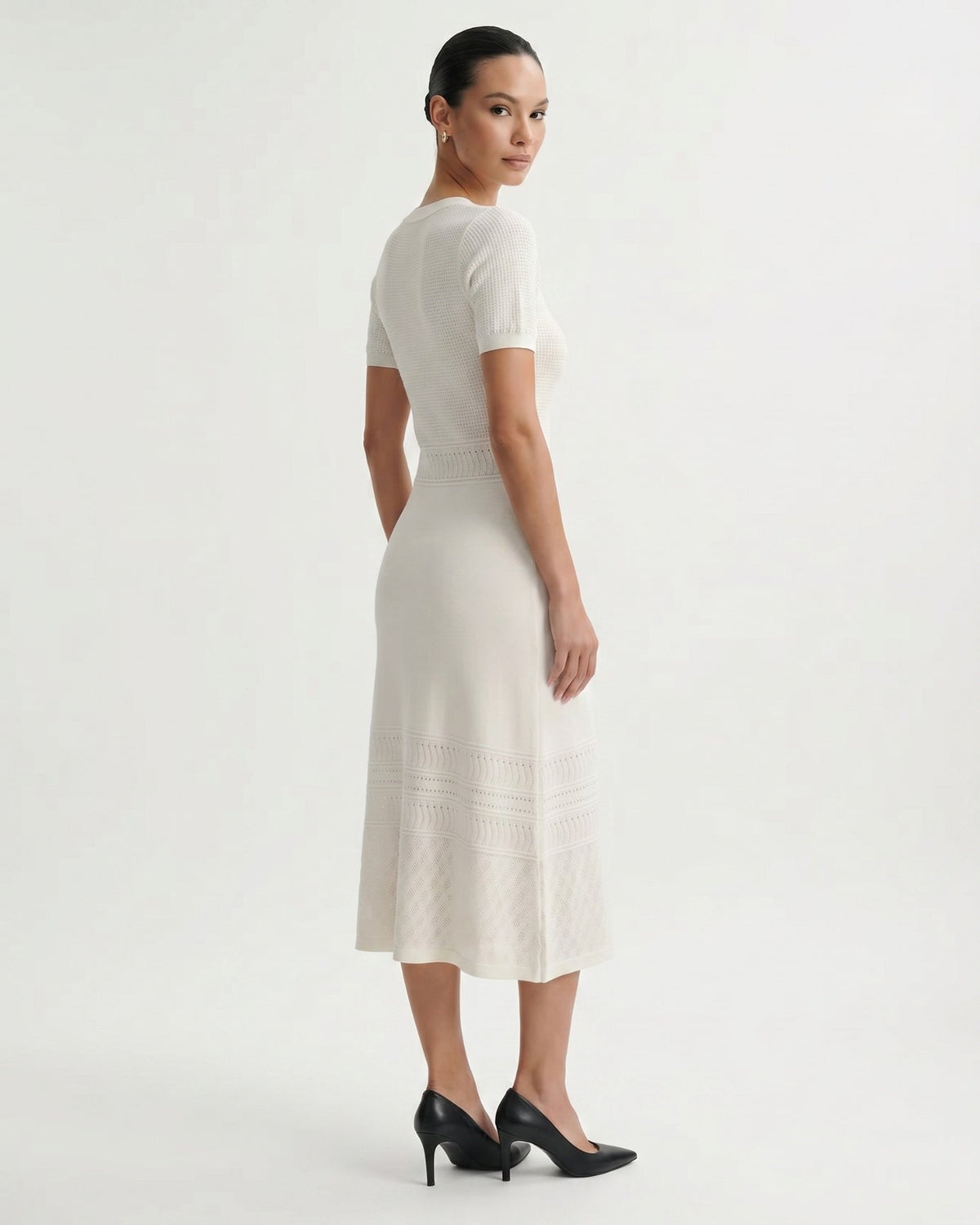 Openwork Hollow Knit Silk Blend Short Sleeve Dress – view 3