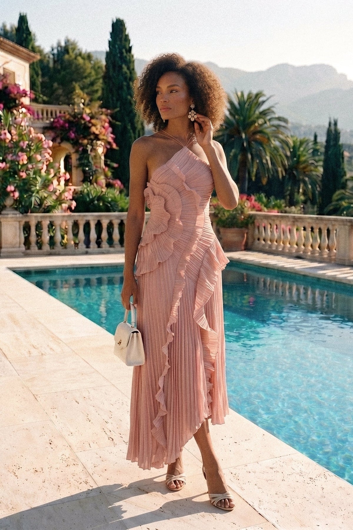 Accordion Pleated Halter Midi Dress with Cascading Ruffles – Pink