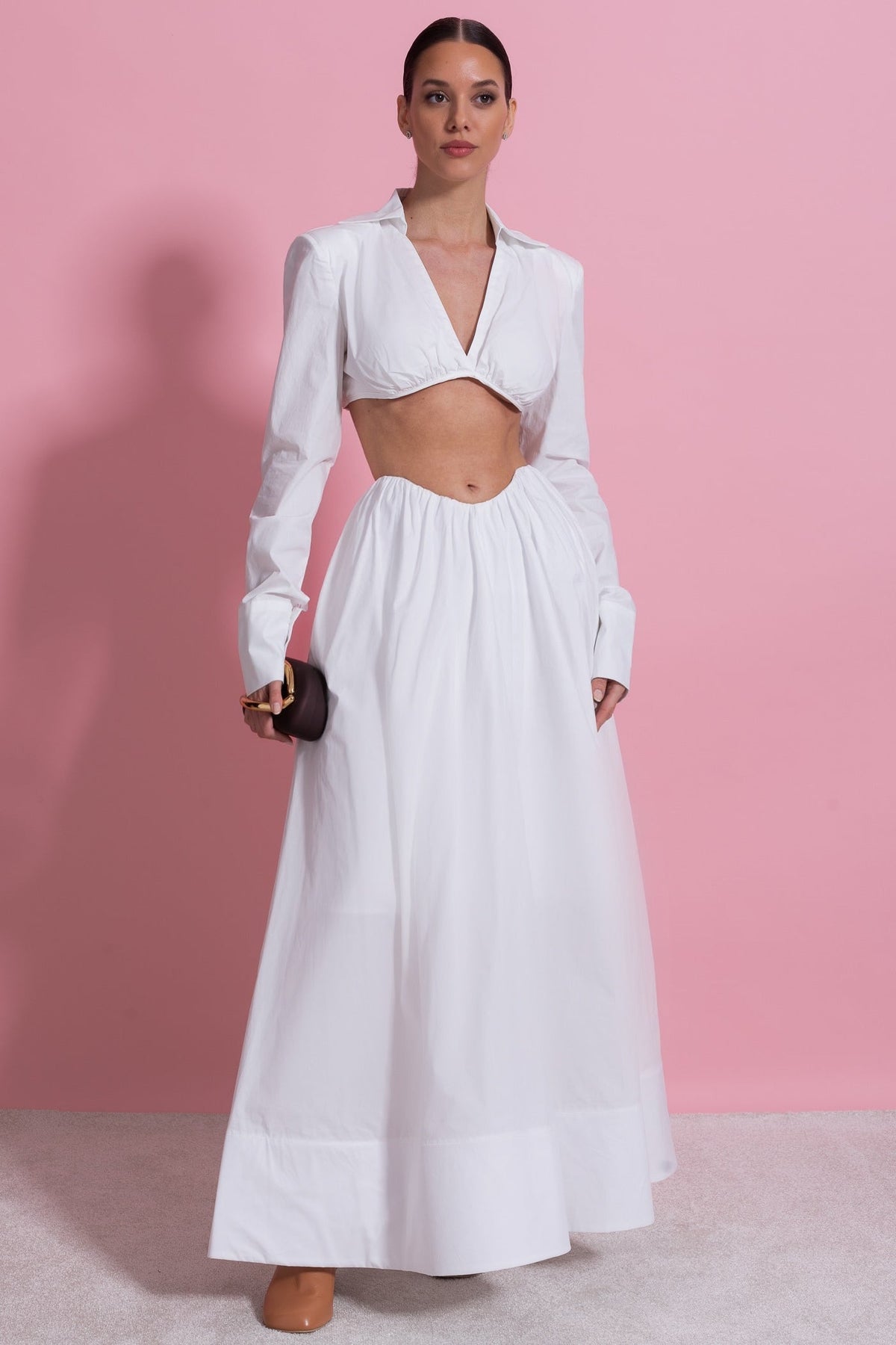 Cropped Deep V Long Sleeve Top and A-Line Maxi Skirt Co-ord Set – White – view 5