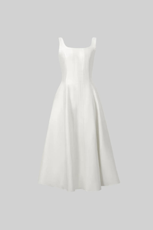 Sleeveless A-Line Midi Dress with Tailored Bodice and Flared Skirt – White – view 2
