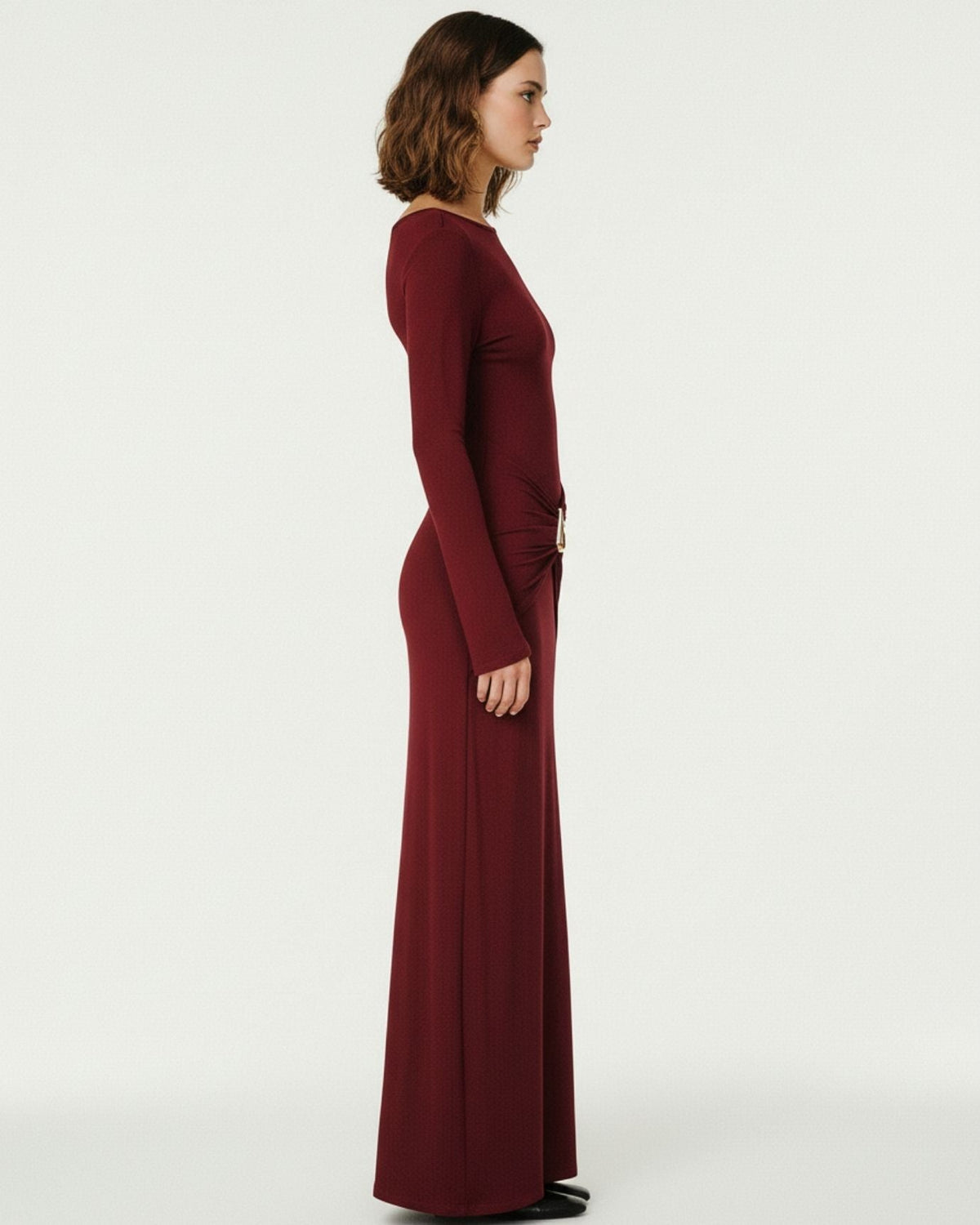 Round Neck Long Sleeve Stretch Knit Midi Dress – Claret – view 5
