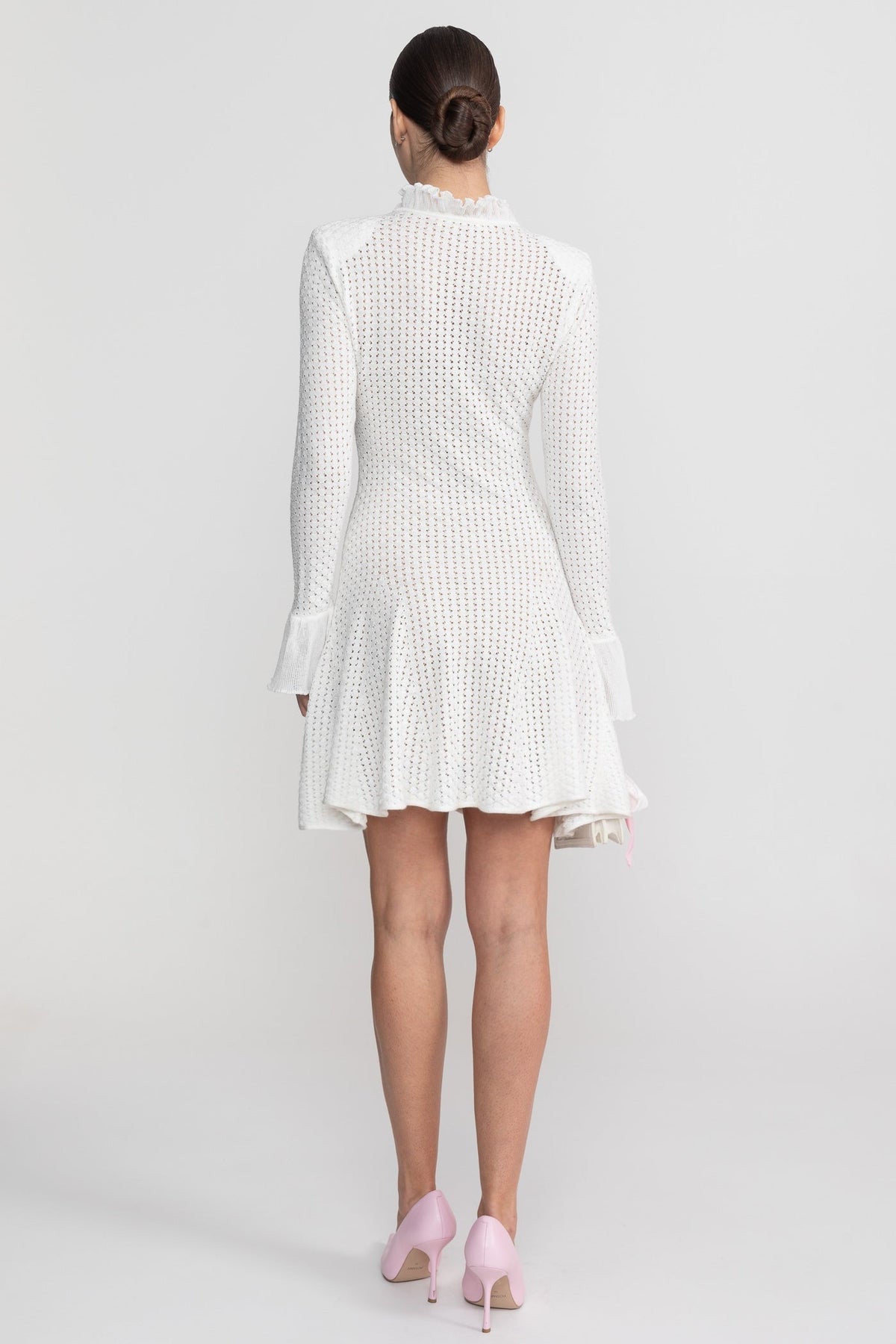 Open-Knit Ruffle High Neck Mini Dress with Pearl Button Placket – White – view 7