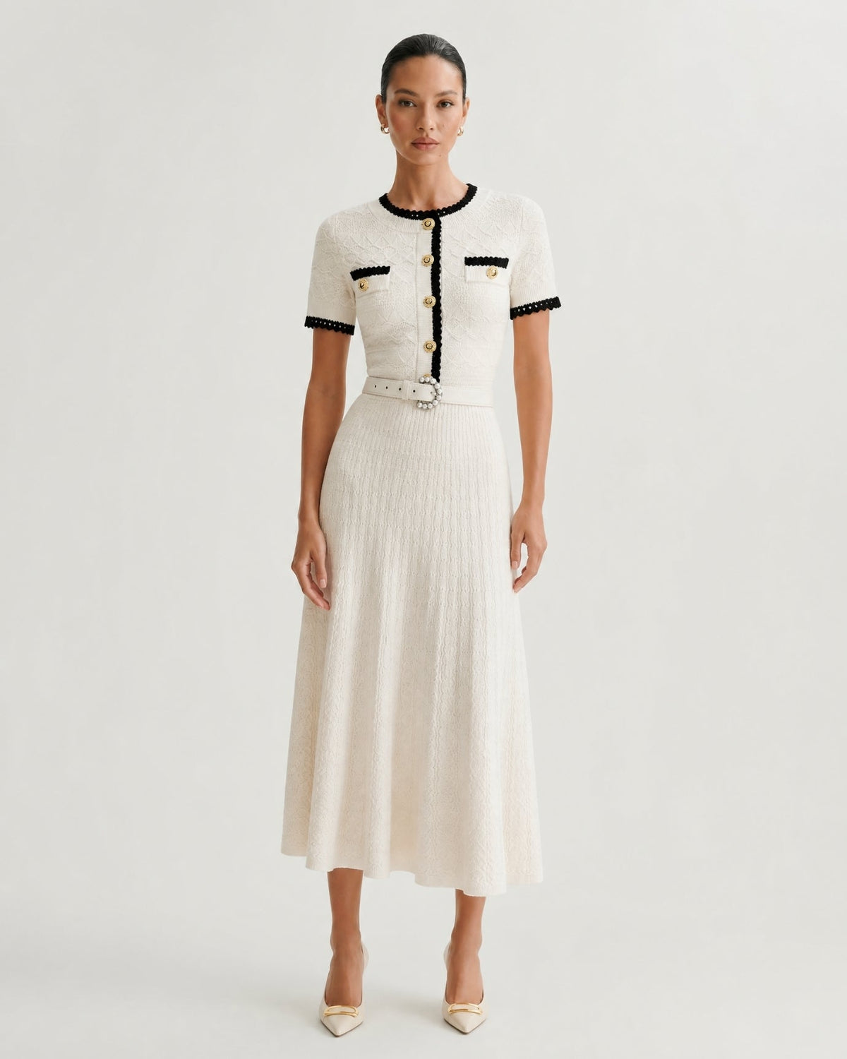 Short Sleeve Cinched Waist Slim Fit Viscose Knit Midi Dress – view 2