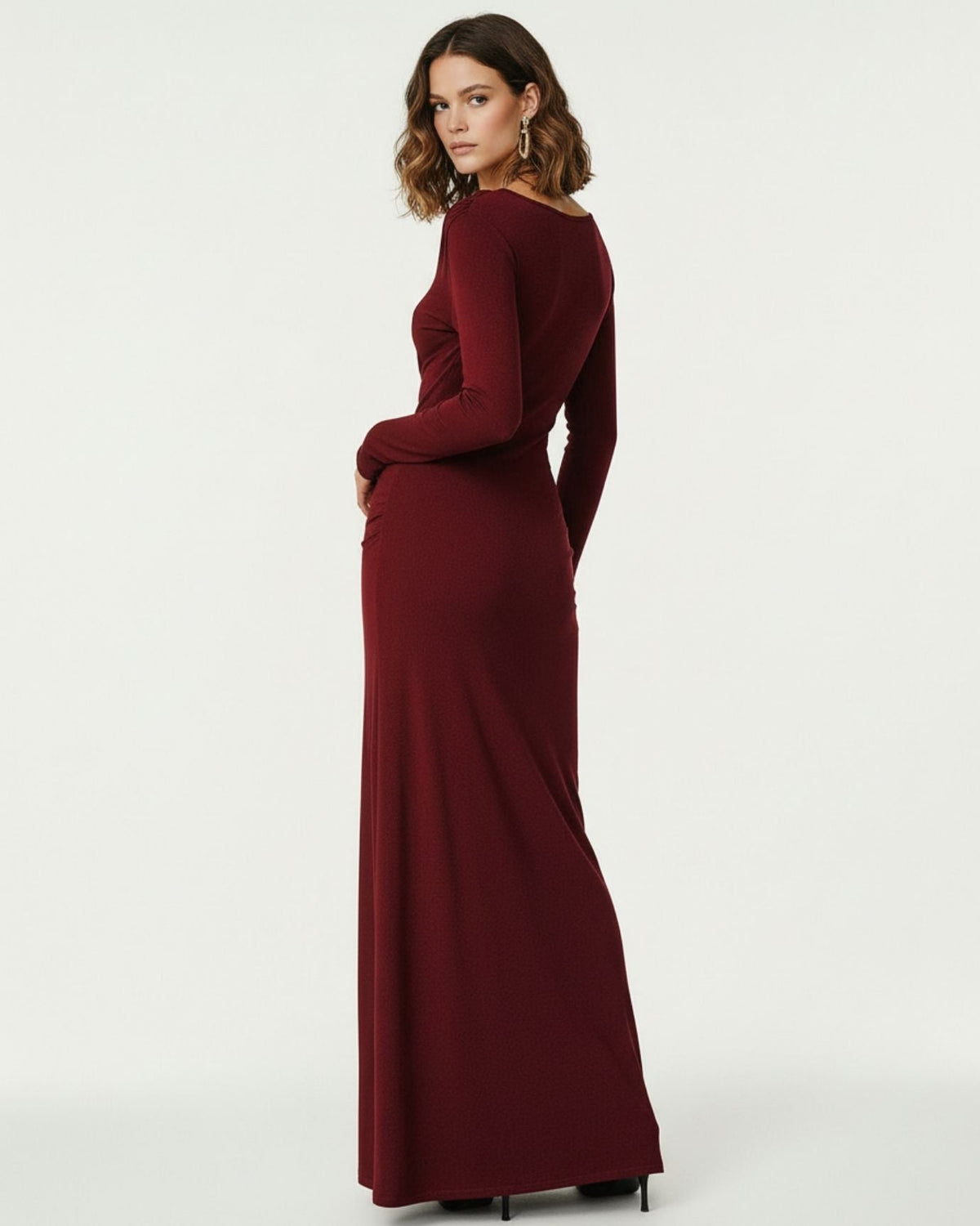 Round Neck Long Sleeve Stretch Knit Midi Dress – Claret – view 6
