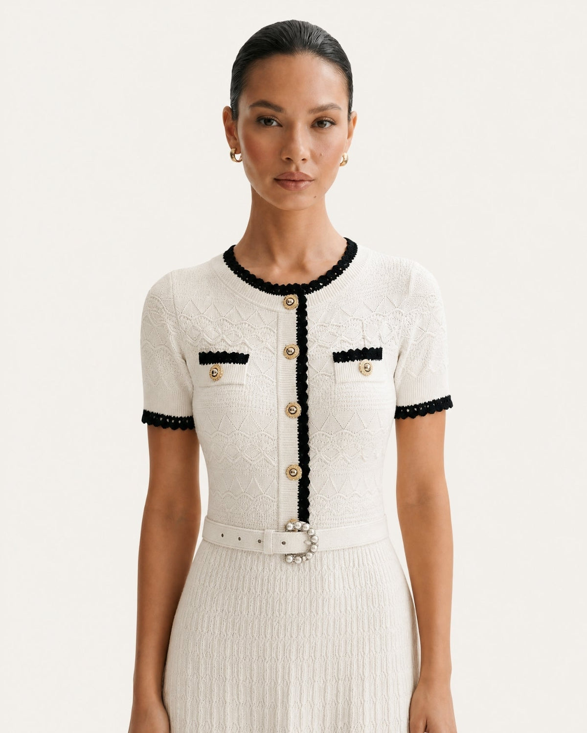 Short Sleeve Cinched Waist Slim Fit Viscose Knit Midi Dress – view 3