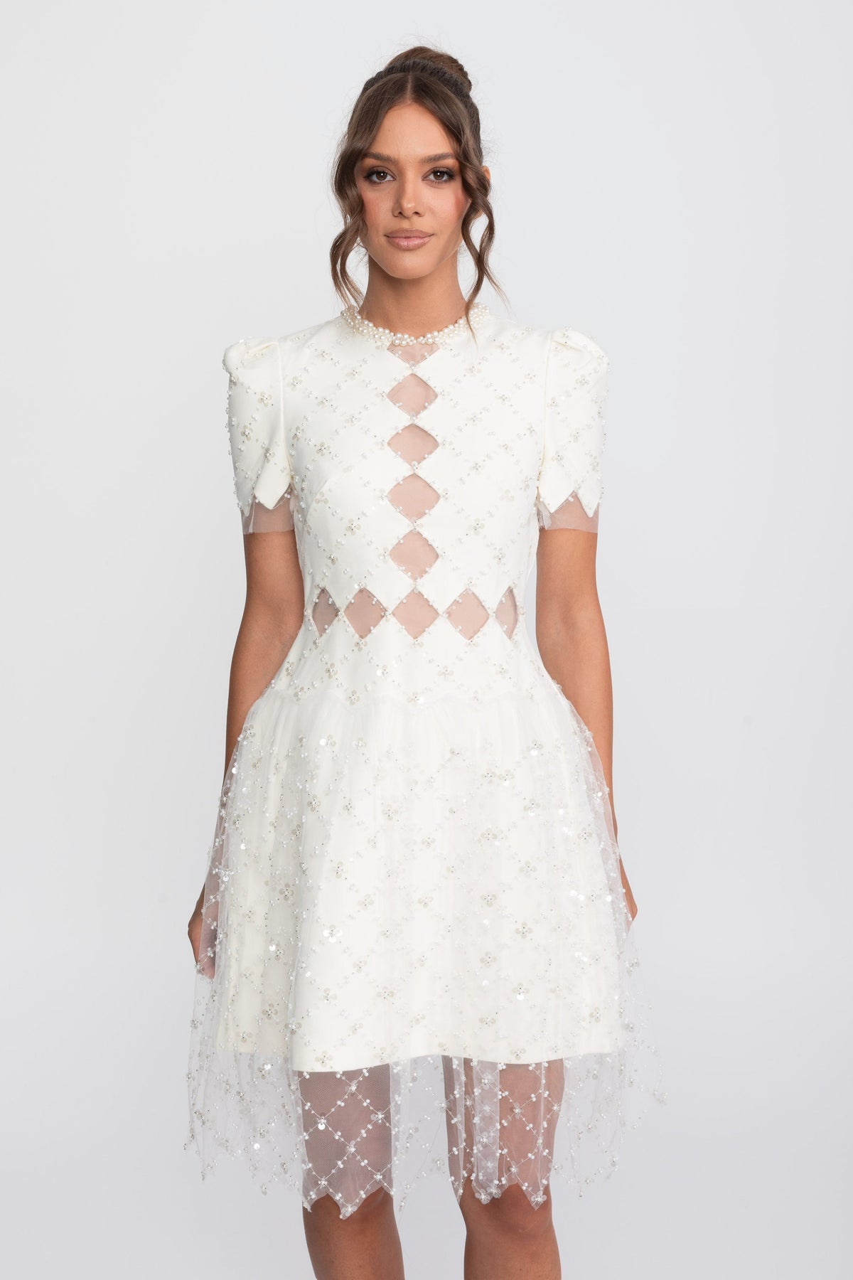 Pearl Trim Beaded Midi Dress with Diamond Mesh Cut-Outs – White – view 1