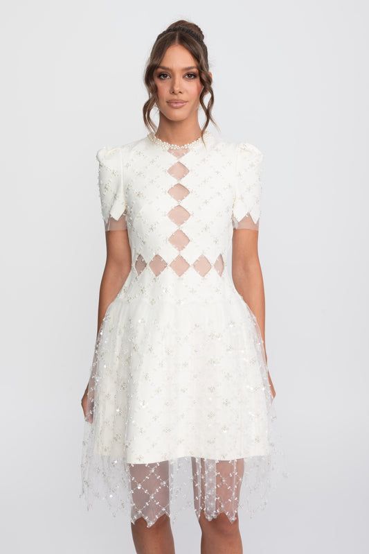 Pearl Trim Beaded Midi Dress with Diamond Mesh Cut-Outs – White
