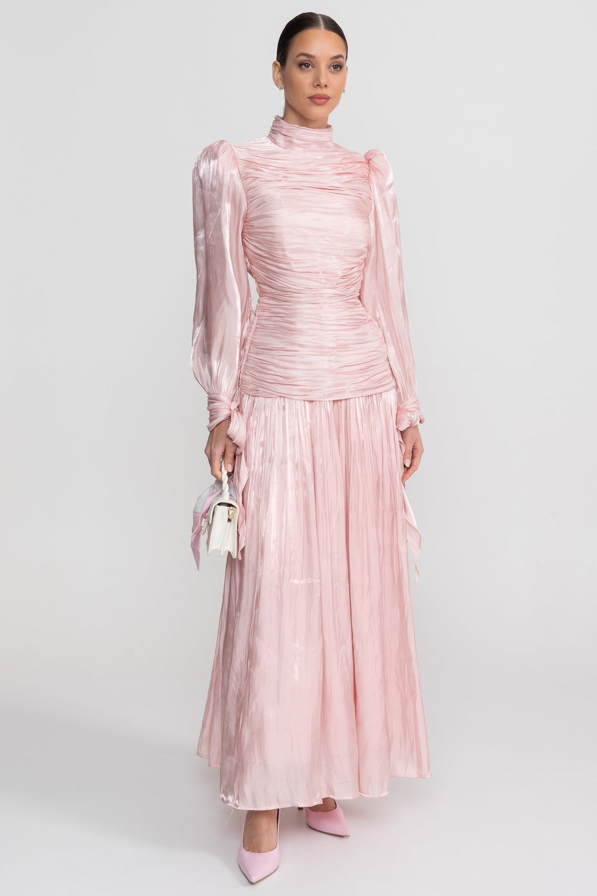 Ruched Mock Neck Long Sleeve Maxi Dress with Pleated Skirt – Blush Pink – view 1