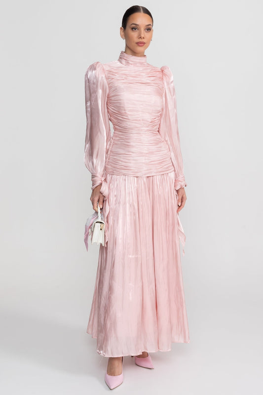 Ruched Mock Neck Long Sleeve Maxi Dress with Pleated Skirt – Blush Pink