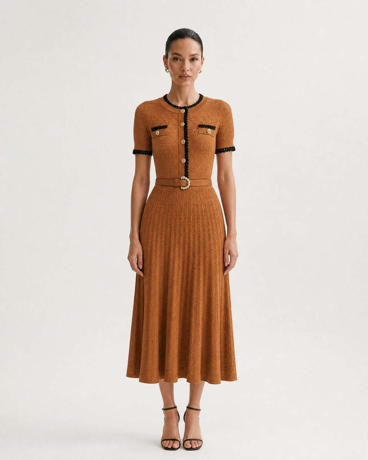Short Sleeve Cinched Waist Slim Fit Viscose Knit Midi Dress – view 6