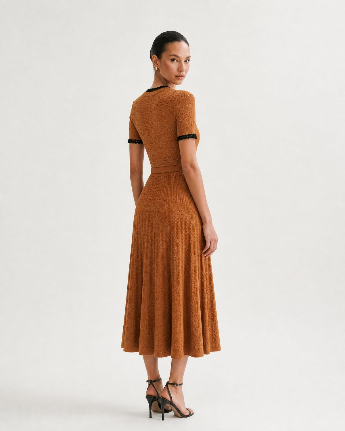 Short Sleeve Cinched Waist Slim Fit Viscose Knit Midi Dress – view 7