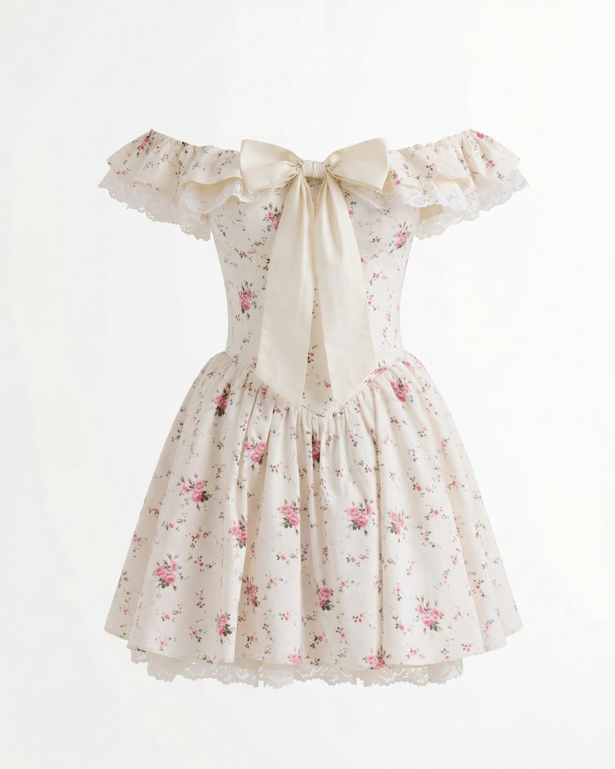 Princess Silhouette Dress with Lace Waist Detail – White Floral – view 1