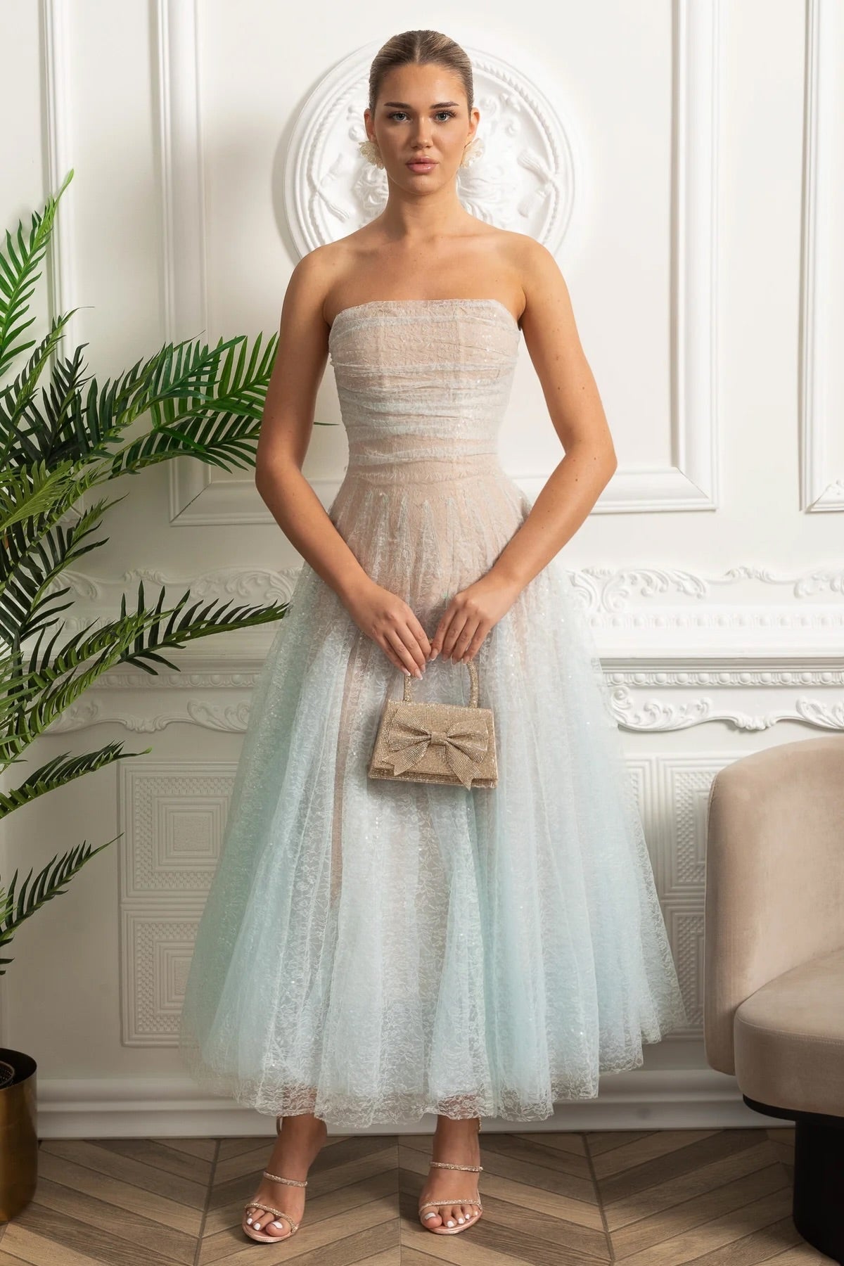 Strapless Tulle Midi Dress with Iridescent Sparkle – Turquoise Gradient