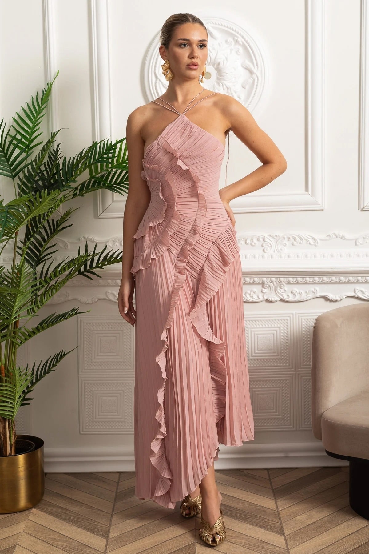 Accordion Pleated Halter Midi Dress with Cascading Ruffles – Pink – view 4