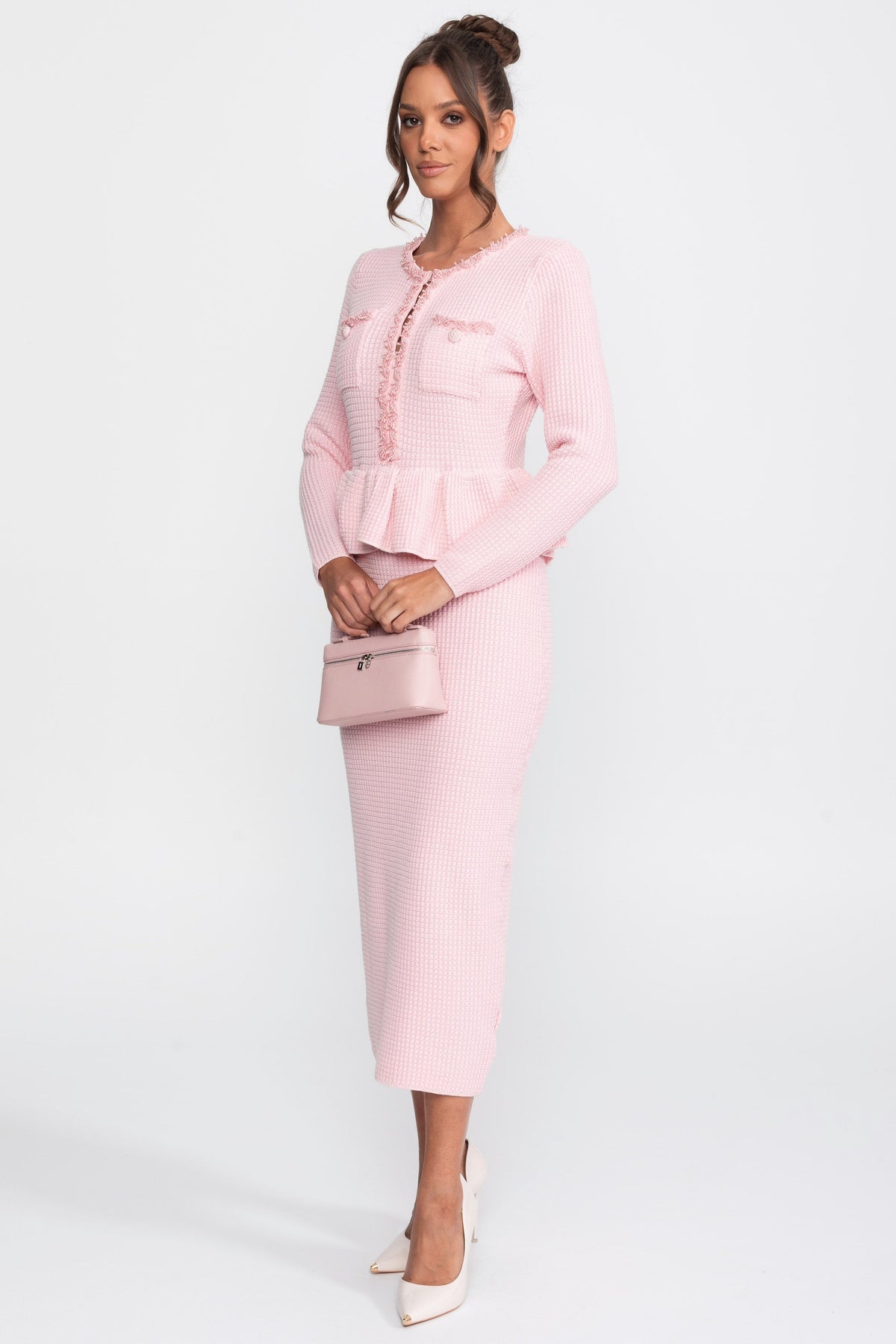 Fringe Trim Long Sleeve Knit Peplum Pencil Dress with Pockets – Pink – view 3