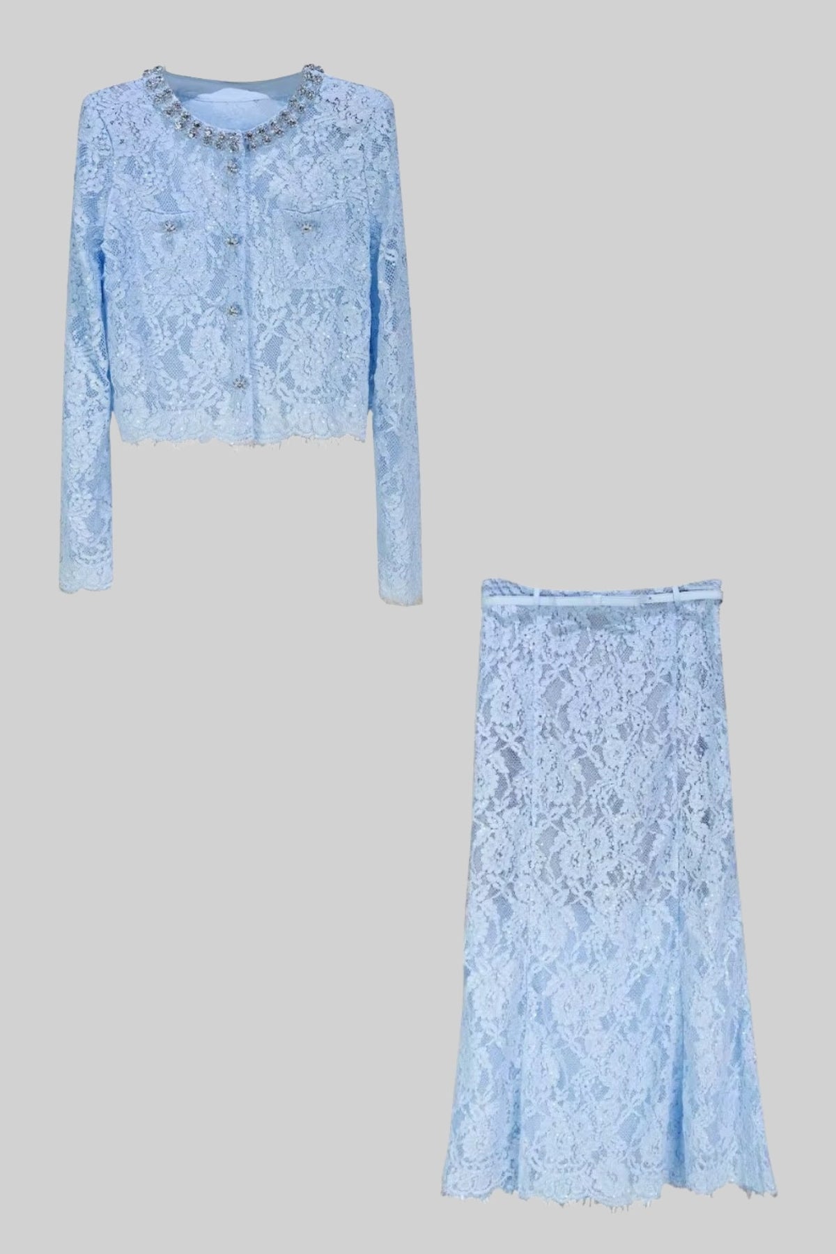 Long Sleeve Lace Top and Midi Skirt Co-ord with Sparkling Neckline – Blue – view 14