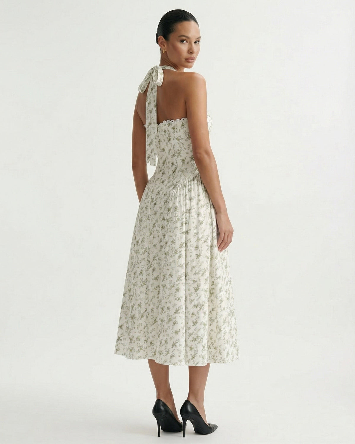 Santorini Halter Neck Contoured Stretch Dress – Green Leaves on White – view 3