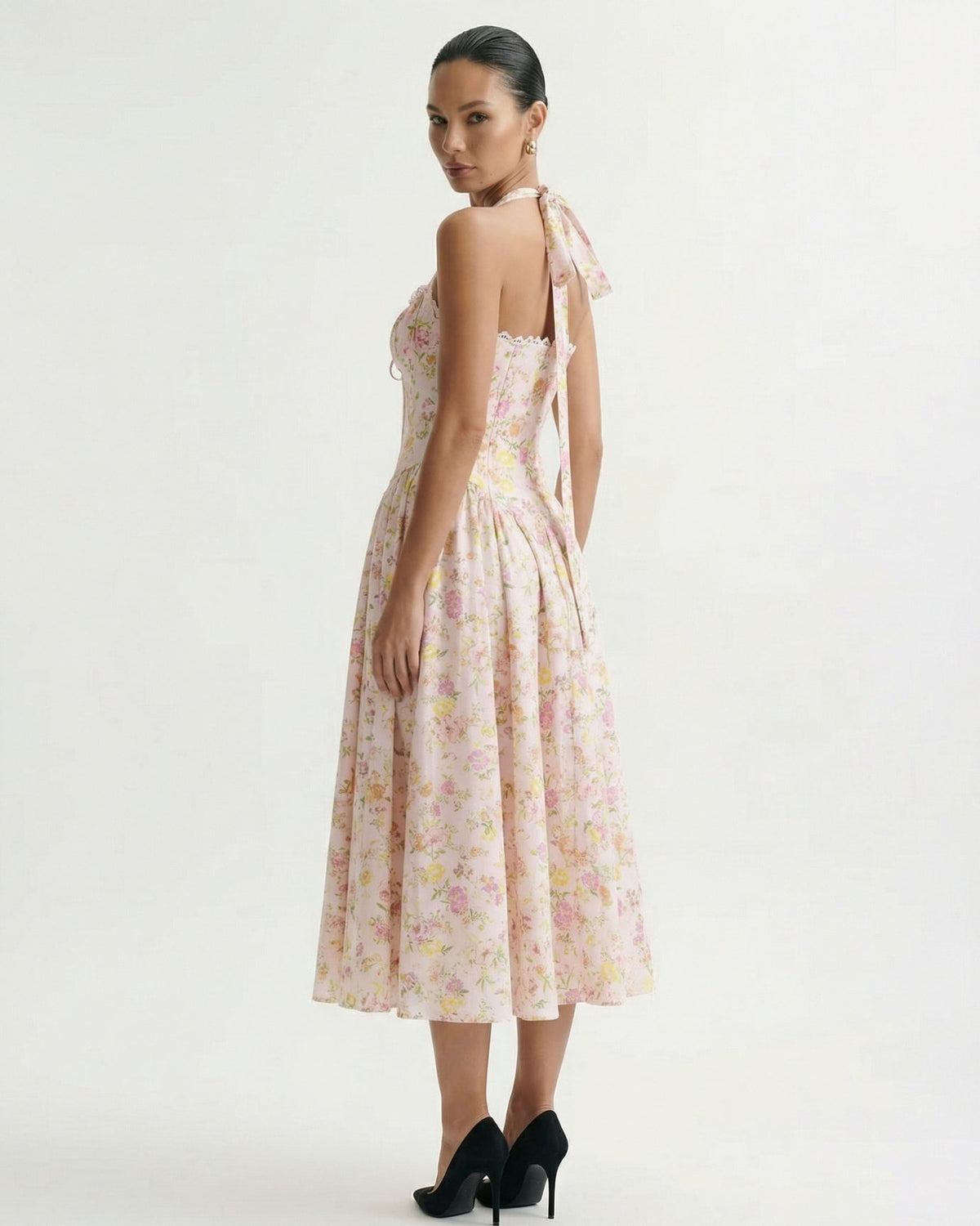 Santorini Halter Neck Contoured Stretch Dress – Pink Print – view 4