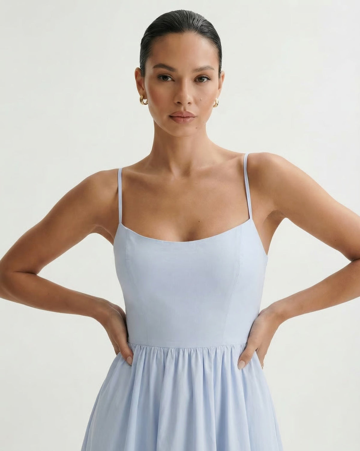 Mira Border Detail Cotton Blend Dress with Back Zip – Light Blue – view 3