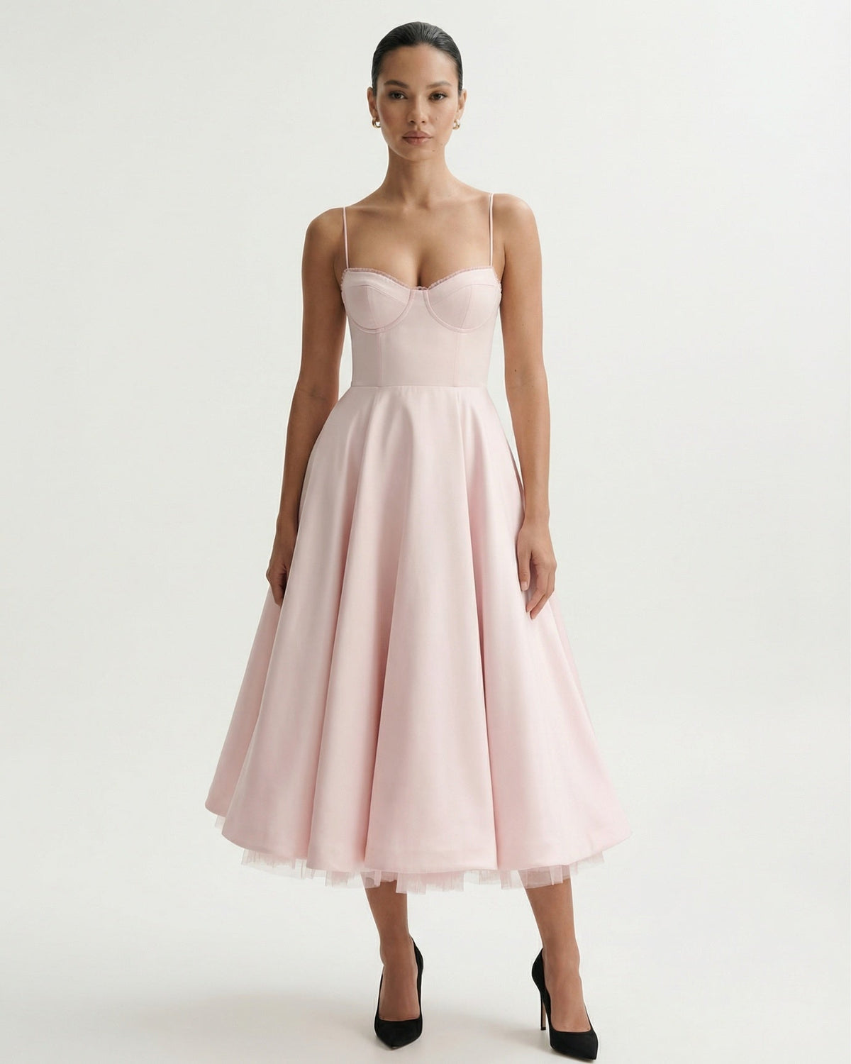 Giulia Duchess Satin Midi Dress with Tulle Underskirt – Pink – view 5