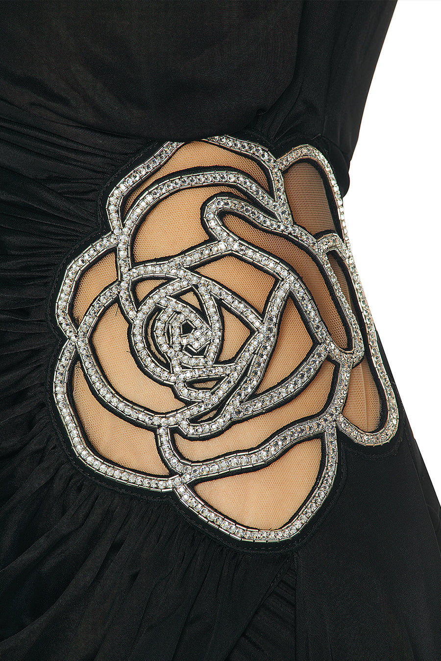 One-Shoulder Draped Asymmetric Mini Dress with Silver Floral Brooch – Black – view 8