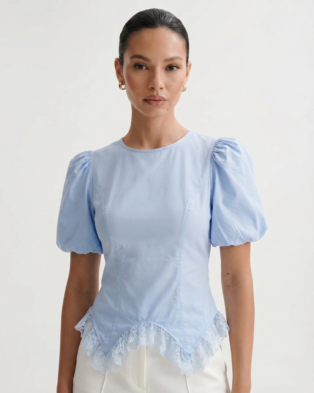 Short Sleeve Relaxed Top with Delicate Floral Edge Trim – view 3
