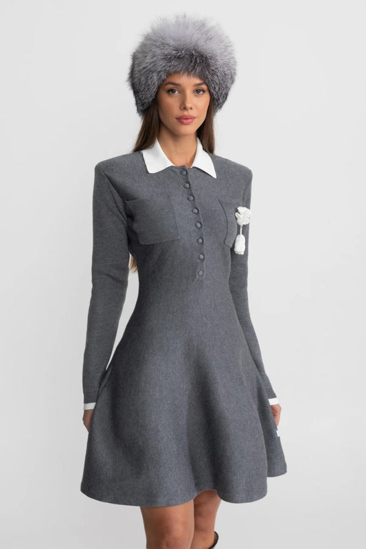 Long Sleeve A-Line Mini Dress with Contrast Collar and Floral Brooch – Grey – view 2