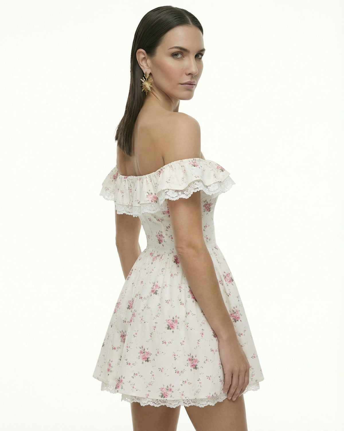 Princess Silhouette Dress with Lace Waist Detail – White Floral – view 3