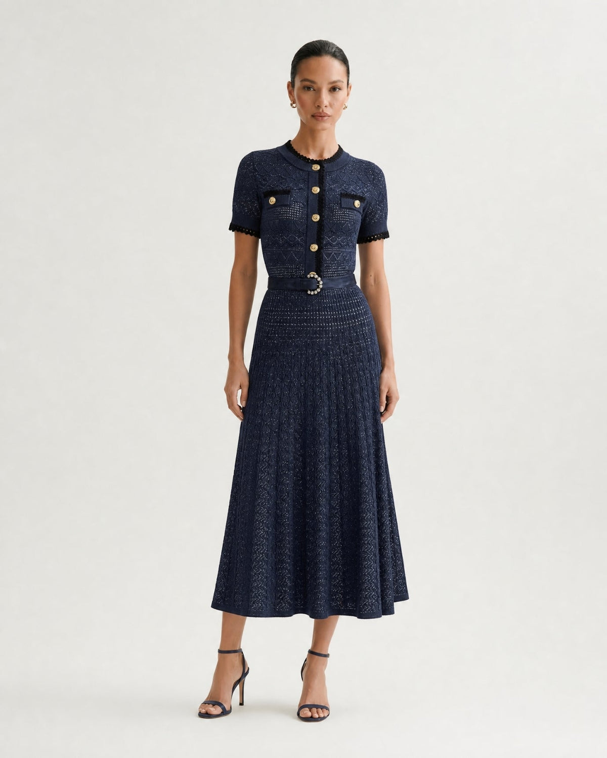 Short Sleeve Cinched Waist Slim Fit Viscose Knit Midi Dress – view 10