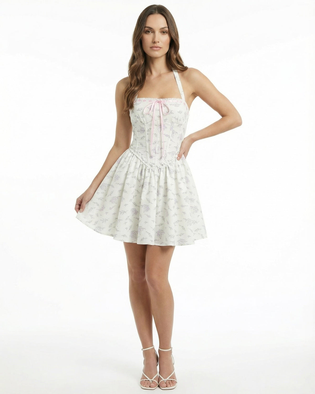 Frenchie Sleeveless Printed Cotton Tiered Ruffle Dress – White Floral – view 2