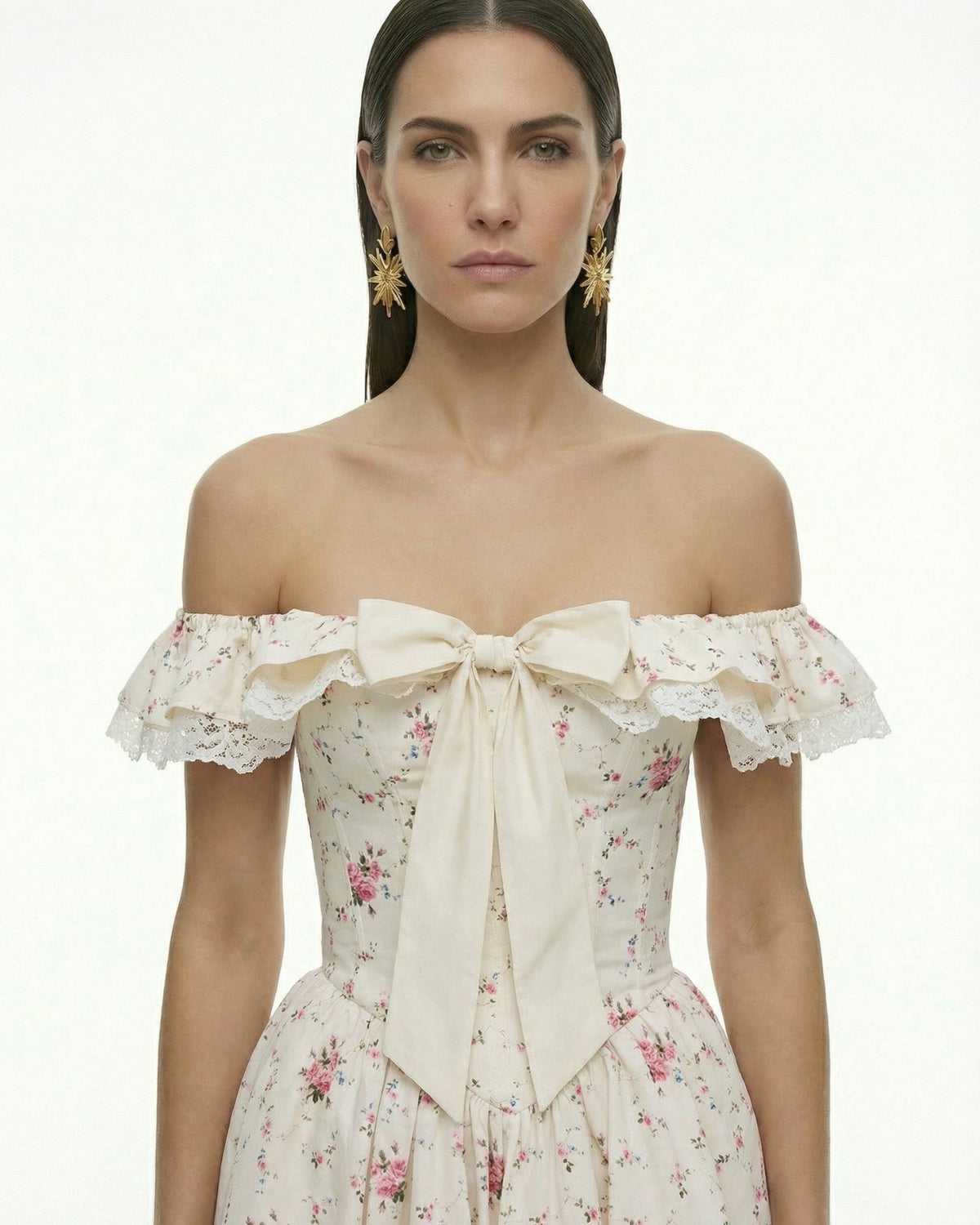 Princess Silhouette Dress with Lace Waist Detail – White Floral – view 4