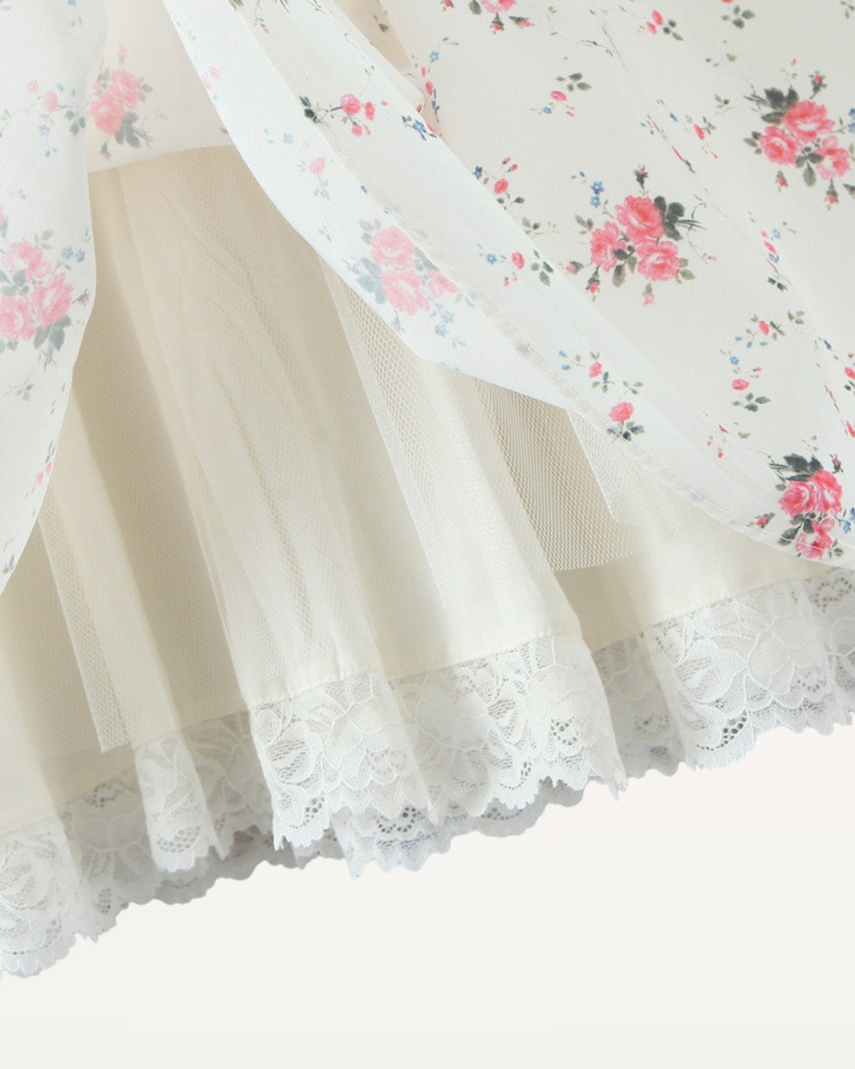 Princess Silhouette Dress with Lace Waist Detail – White Floral – view 7
