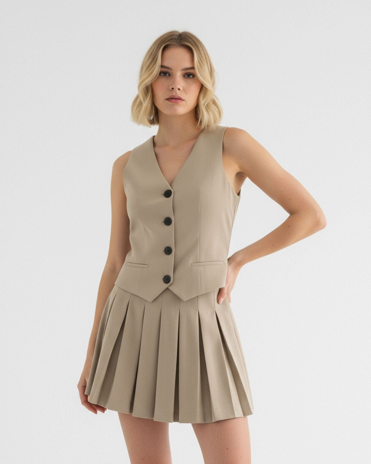 London Deep V-Neck Striped Pleated A-Line Midi Dress