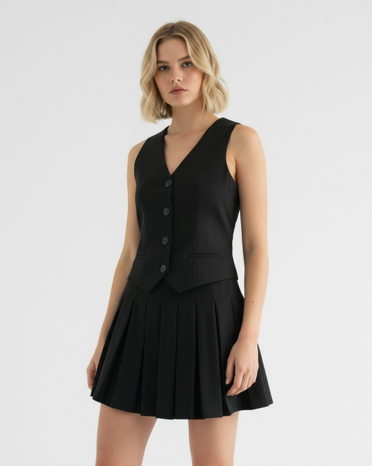 London Deep V-Neck Striped Pleated A-Line Midi Dress