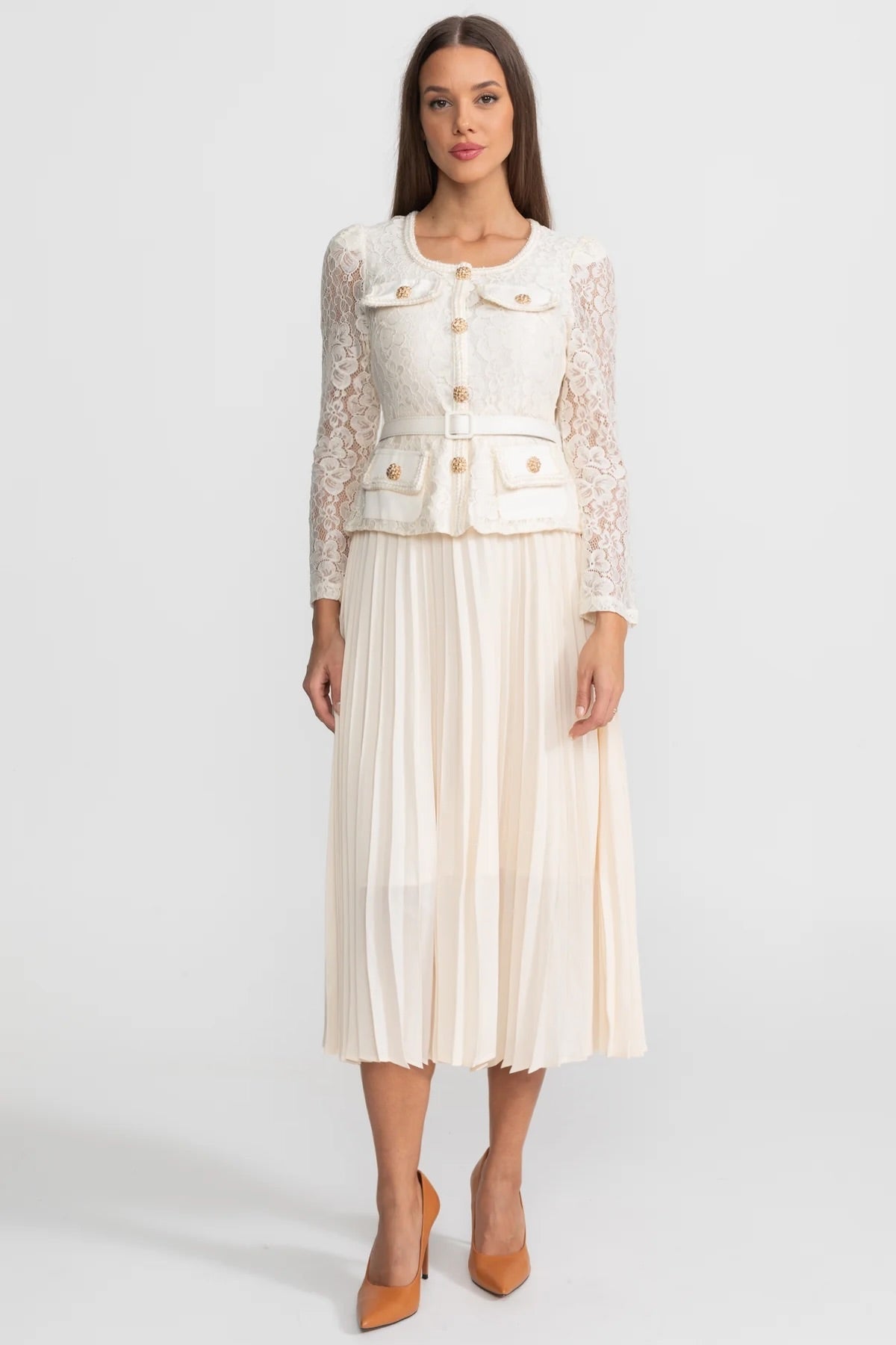 Lace Bodice Pleated Chiffon Midi Dress with Gold Buttons – Ivory