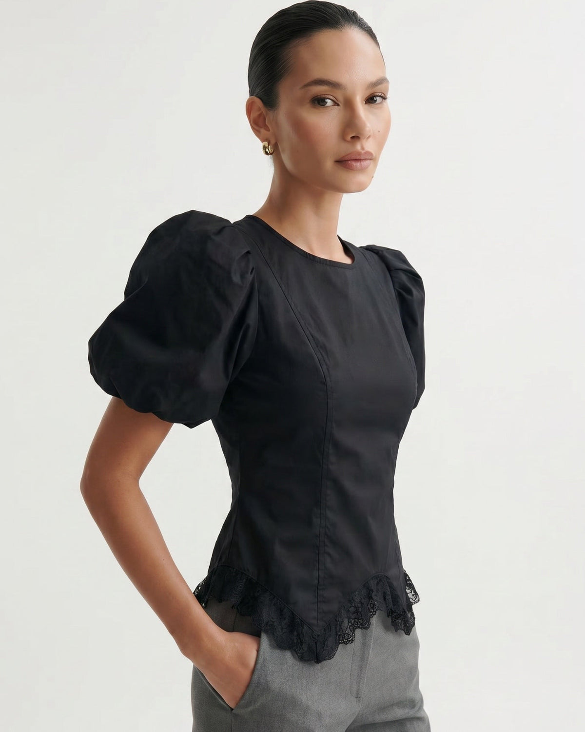 Short Sleeve Relaxed Top with Delicate Floral Edge Trim – view 11