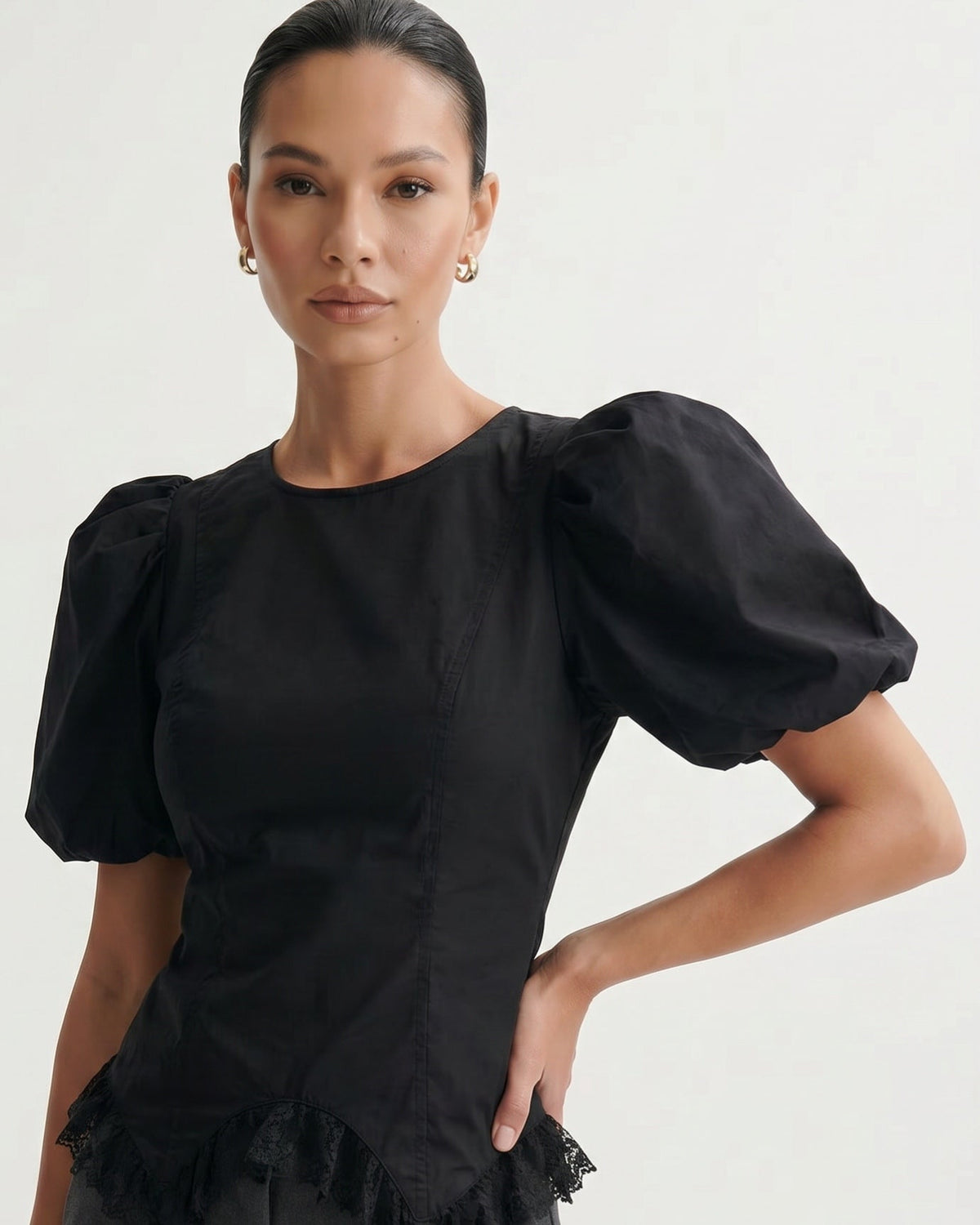 Short Sleeve Relaxed Top with Delicate Floral Edge Trim – view 12