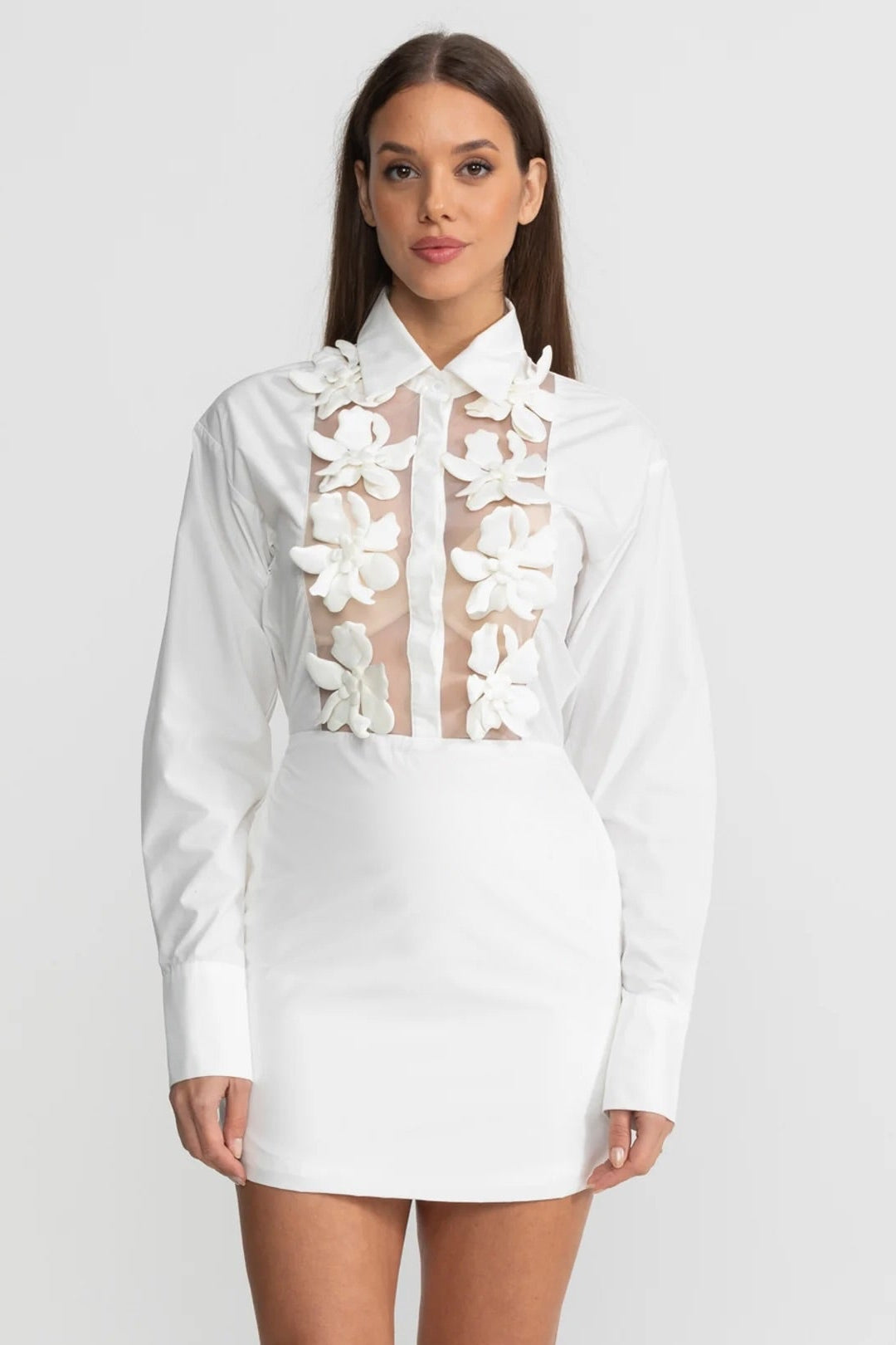 Long Sleeve Mini Shirt Dress with Sheer 3D Floral Appliqué Panel – White