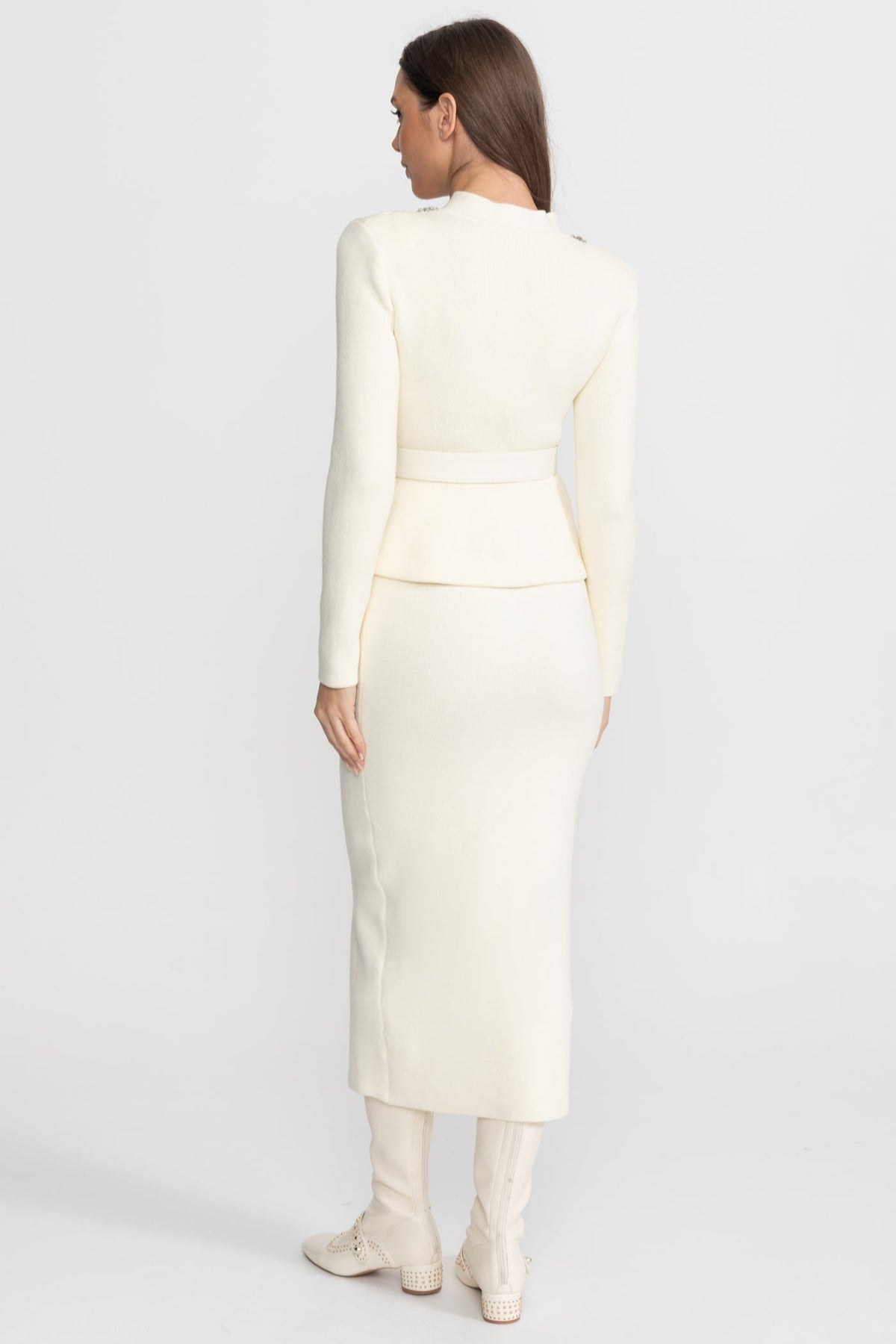 Structured Knit Peplum Midi Dress with Crystal Collar and Belt – Ivory – view 4