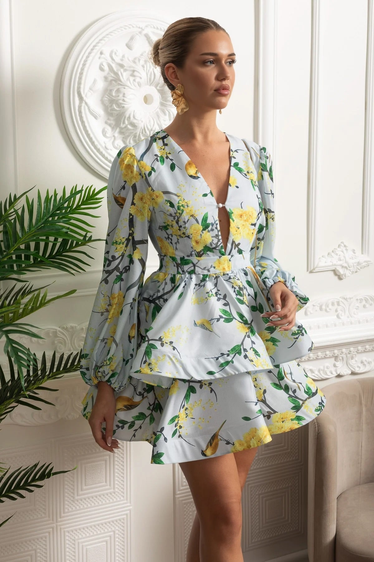 Watercolour Floral V-Neck Volume Sleeve Peplum Mini Dress – Sky Blue – view 2