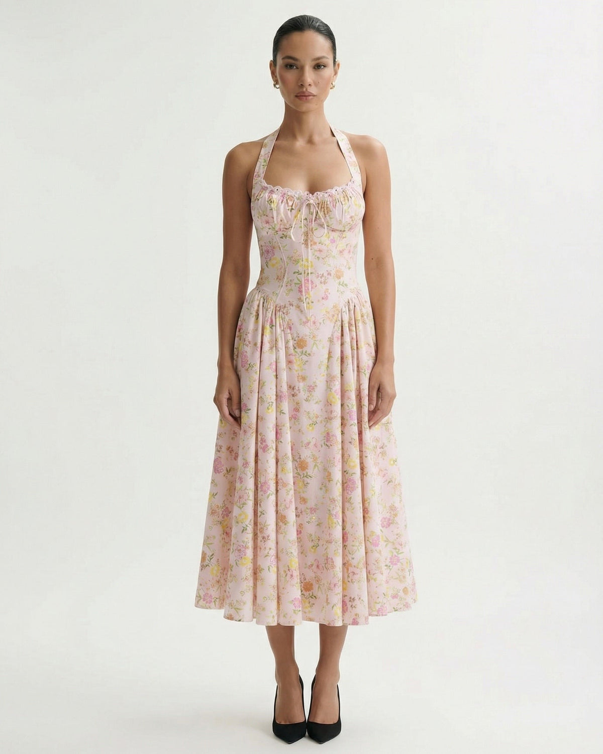 Santorini Halter Neck Contoured Stretch Dress – Pink Print – view 2