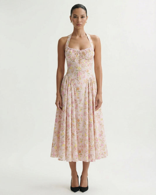 Santorini Halter Neck Contoured Stretch Dress – Pink Print – view 2